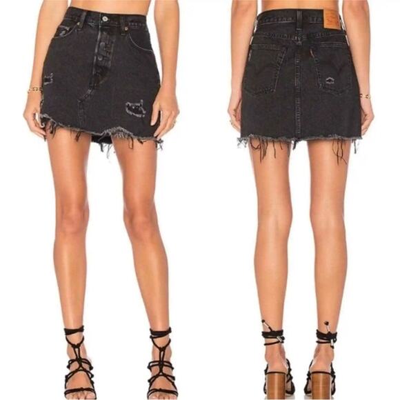 LEVIS REVOLVE Black Distressed Raw Hem Button Fly Pockets ALine Mini Skirt 26 - Picture 1 of 15